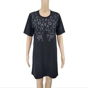 David Lerner Black T-Shirt Midi Dress Cotton Leopard Print Details Women's